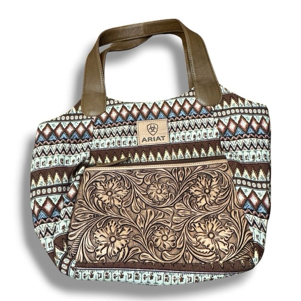 Ariat Esmeralda Conceal Carry Tooled Leather  Canvas Tapestry Shoulder Bag Purse